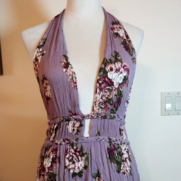 ILLA ILLA DEEP V HALTER NECK BACK OUT LAVENDER FLORAL PRINT SIZE L MAXI DRESS - Picture 2 of 11